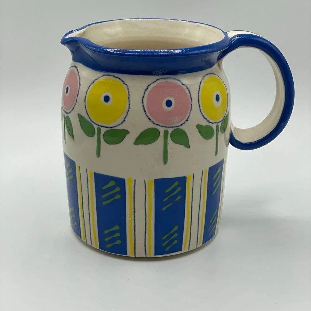 Elisa Keitzer 1987 Vintage Studio Pottery Floral Ceramic Hand Paint Pitcher 5.5